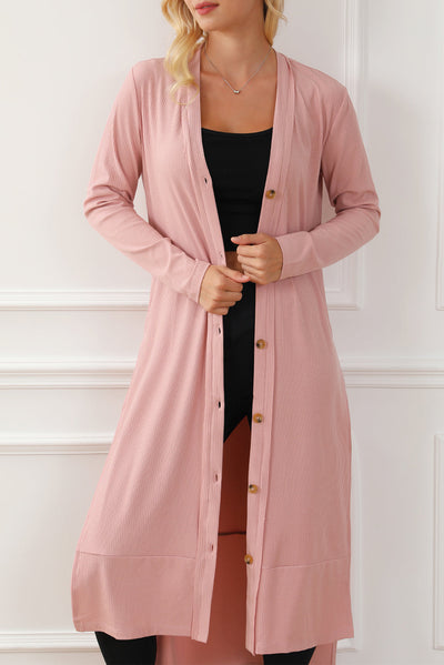 Pink Ribbed Button-Up Split Duster Cardigan-Tops-MomFashion