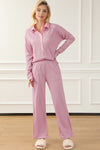 Pink Ribbed Knit Collared Henley Top and Pants Lounge Outfit-Loungewear-MomFashion