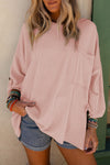 Pink Ribbed Roll-tab Sleeve Chest Pocket Oversize Top-Tops-MomFashion