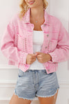 Pink Rivet Studded Pocketed Denim Jacket-Outerwear-MomFashion