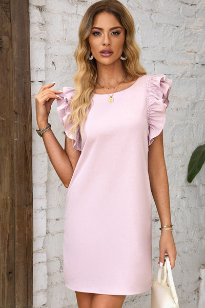 Pink Round Neck Ruffle Shift Mini Dress-Dresses-MomFashion