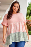 Pink Ruffled Short Sleeve Leopard Splicing Flowy Plus Size Top-Plus Size-MomFashion