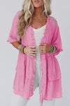 Pink Ruffled Trim Half Sleeve Open Front Kimono-Outerwear-MomFashion