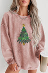 Pink Sequin Christmas Tree Corded Oversized Sweatshirt-Graphic-MomFashion