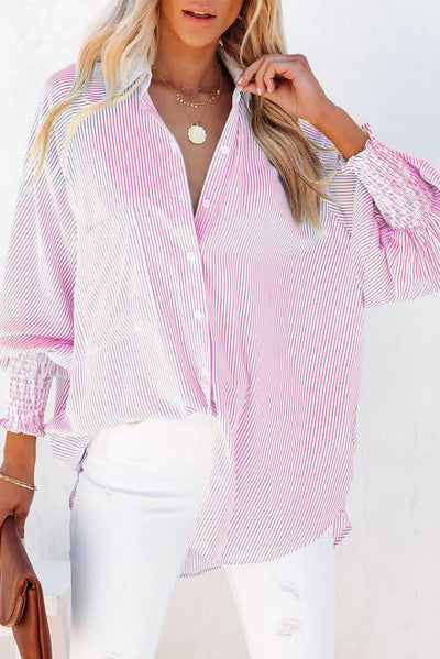 Pink Smocked Cuffed Striped Boyfriend Shirt with Pocket-Tops-MomFashion