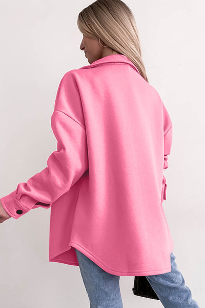 Pink Solid Color Pocketed Button up Long Sleeve Shacket-Outerwear-MomFashion