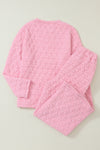 Pink Solid Quilted Pullover and Pants Outfit-Loungewear-MomFashion