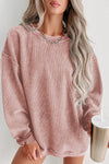 Pink Solid Ribbed Knit Round Neck Pullover Sweatshirt-Tops-MomFashion