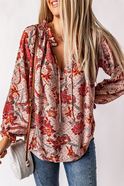 Pink Split V Neck Printed Blouse-Tops-MomFashion