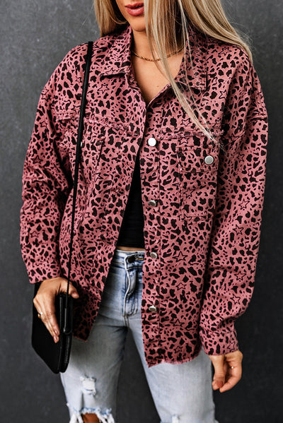 Pink Stars & Animal Spots Print Button Up Denim Shacket-Outerwear-MomFashion