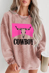 Pink Steer Head Cowboy Print Corded Pullover Sweatshirt-Graphic-MomFashion