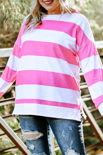 Pink Striped Side Slit Plus Size Sweatshirt-Plus Size-MomFashion