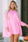 Pink Turn-down Neck Textured Bubble Sleeve Dress-Dresses-MomFashion