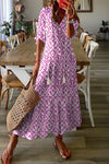 Pink V Neck Casual Geometric Print Maxi Dress-Dresses-MomFashion