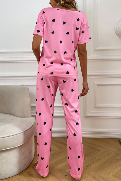 Pink Valentines Heart Print Tee and Pants Lounge Set-Loungewear-MomFashion