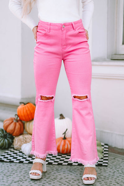 Pink Vintage High Waist Flare Leg Ripped Raw Hem Jeans-Bottoms-MomFashion