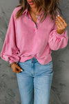 Pink Washed Snap Buttons Lantern Sleeve Pullover Sweatshirt-Tops-MomFashion