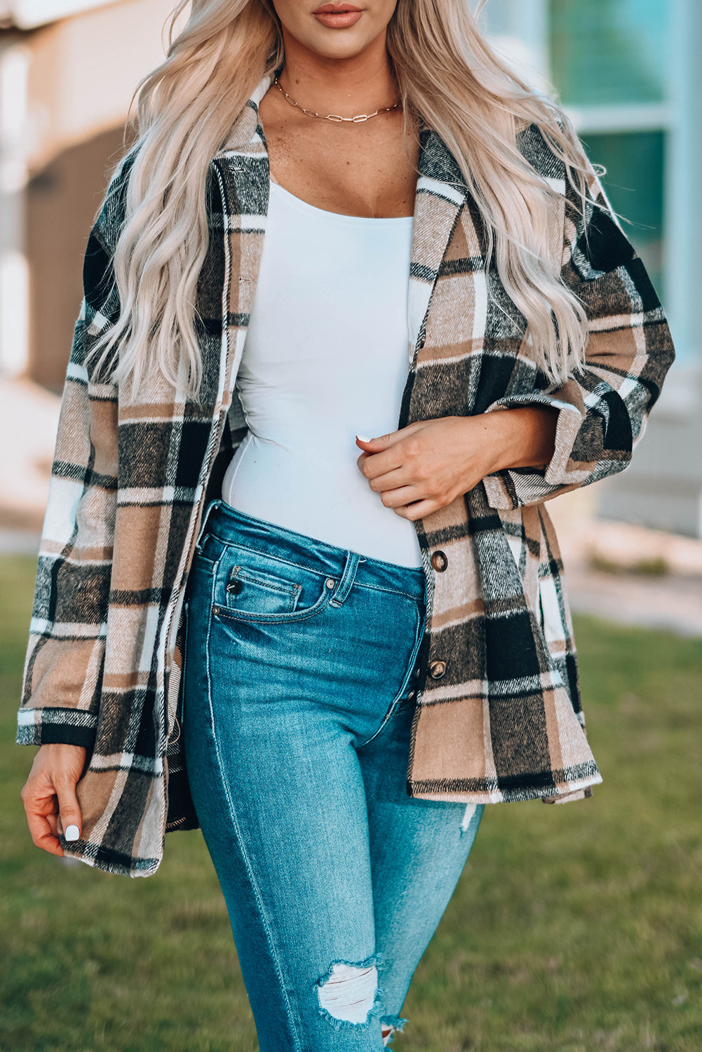 Plaid Print Buttoned Shirt Jacket-Outerwear-MomFashion