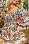 Printed Floral Print Smocked Puff Sleeve Peplum Blouse-Tops-MomFashion