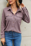 Purple Button Flap Pocket Ribbed Knit Shacket-Outerwear-MomFashion