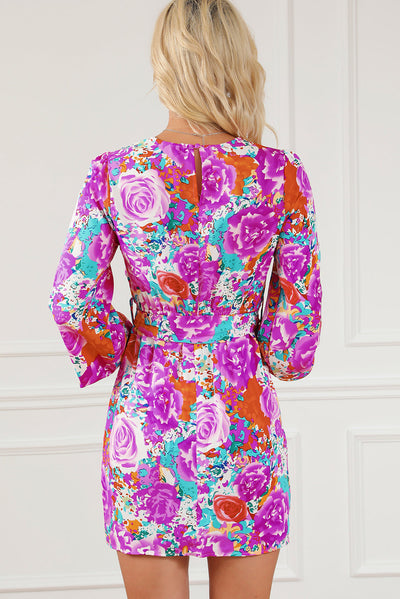 Purple Floral Keyhole Back Long Sleeve Belted Dress-Dresses-MomFashion