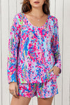 Purple Floral Long Sleeve Top and Drawstring Shorts Set-Loungewear-MomFashion
