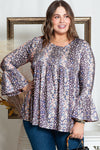 Purple Floral Print Round Neck Plus Size Babydoll Blouse-Plus Size-MomFashion