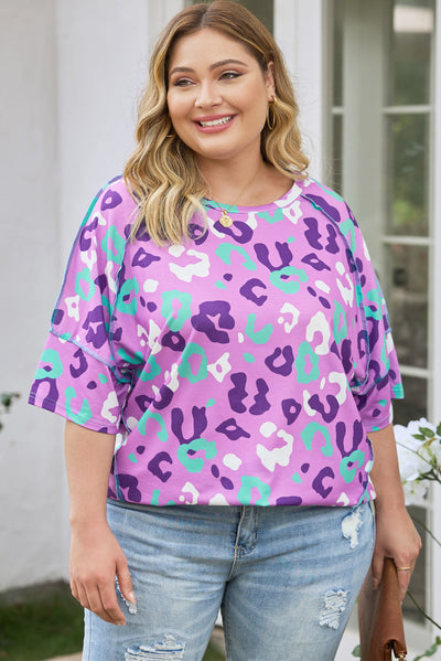 Purple Leopard Kiss Print Plus Size Short Sleeve Tee-Plus Size-MomFashion