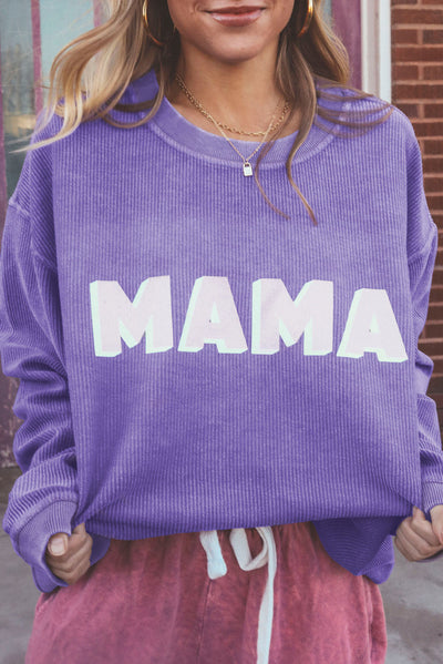 Purple MAMA Ribbed Crew Neck Pullover Sweatshirt-Tops-MomFashion