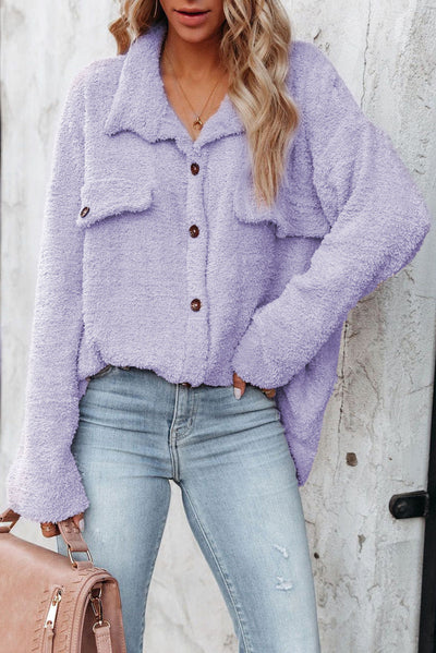 Purple Plush Button Down Pocketed Shirt Jacket-Outerwear-MomFashion