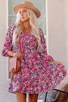 Purple Smocked V Neck Puffy Sleeve Floral Dress-Dresses-MomFashion