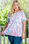 Purple Vibrant Botanical Print Frill Short Sleeve Plus Size Top-Plus Size-MomFashion