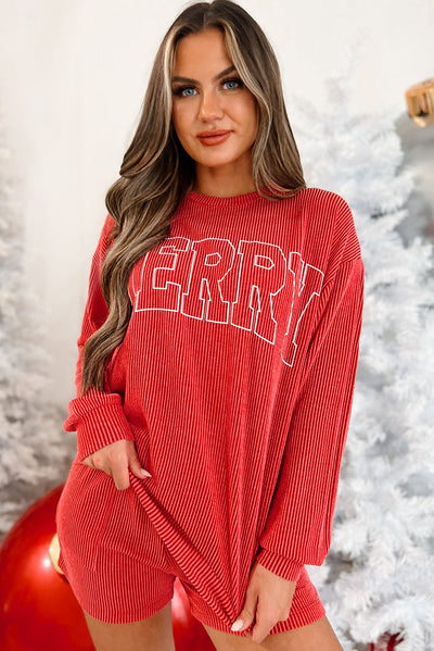 Racing Red Corded MERRY Graphic Long Sleeve Top and Shorts Set-Two Piece Sets/Short Sets-MomFashion