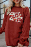 Racing Red Merry & Bright Sequin Ribbed Crew Neck Sweatshirt-Graphic-MomFashion
