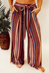 Red Boho Ethnic Striped Print Tie Waist Wide Leg Pants-Bottoms-MomFashion