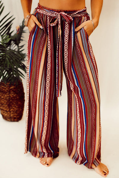 Red Boho Ethnic Striped Print Tie Waist Wide Leg Pants-Bottoms-MomFashion