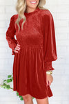Red Clay Frilled Neck Smocked Bodice Velvet Dress-Dresses-MomFashion