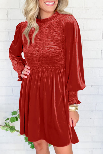 Red Clay Frilled Neck Smocked Bodice Velvet Dress-Dresses-MomFashion