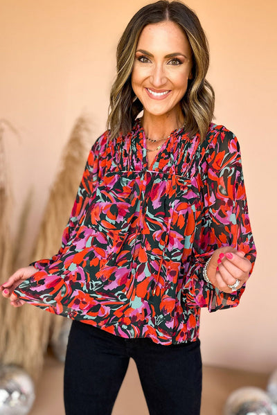 Red Dahlia Abstract Floral Shirred Detail Puff Sleeve Blouse-Tops-MomFashion