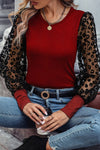 Red Dahlia Leopard Mesh Puff Sleeve Patchwork Slim Fit Top-Tops-MomFashion