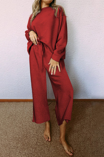 Red Dahlia Ultra Loose Textured 2pcs Slouchy Outfit-Two Piece Sets/Pant Sets-MomFashion