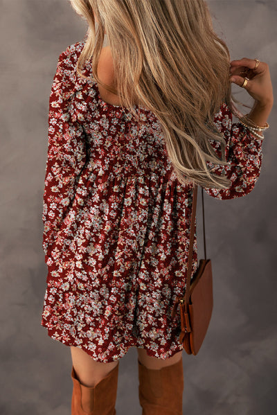 Red Floral Print Sweetheart Neck Shirred Back Mini Dress-Dresses/Floral Dresses-MomFashion