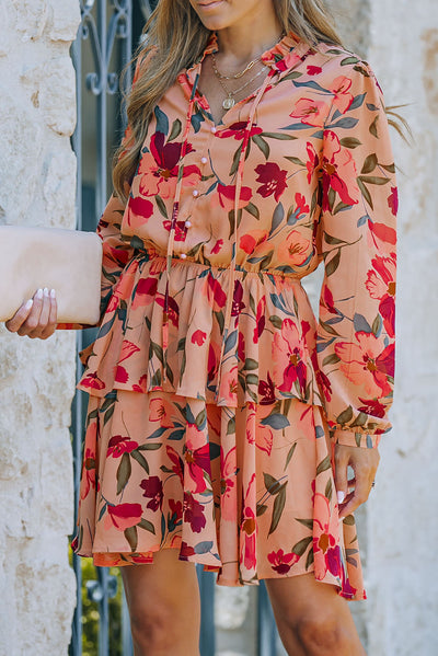 Red Frilled Collar Long Sleeve Floral Dress with Ruffle-Dresses-MomFashion