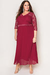 Red Lace Scalloped V Neck 3/4 Sleeves Pleated Tulle Plus Maxi Dress-Plus Size-MomFashion