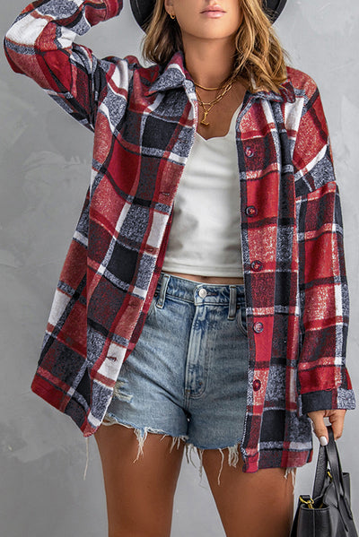 Red Plaid Print Buttoned Shirt Jacket-Outerwear-MomFashion