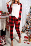 Red Plaid Raglan Sleeves Top and Drawstring Pants Lounge Set-Loungewear-MomFashion