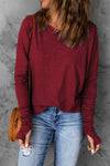 Red Solid Crew Neck Long Sleeve Top-Tops-MomFashion