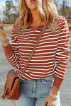 Red Striped Print Ribbed Trim Long Sleeve Top-Tops-MomFashion