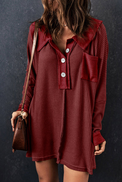 Red Waffle Knit Buttoned Long Sleeve Top-Tops-MomFashion