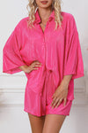 Rose 3/4 Sleeves Pleated Shirt and High Waist Shorts Lounge Set-Loungewear-MomFashion